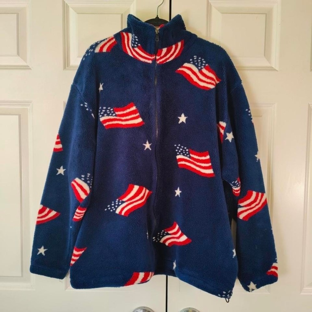 Vintage 90s Novelty Fleece Zip Up Jacket USA Americana Flag AOP Unisex XL Funnel